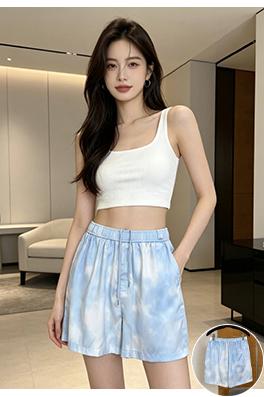 ルイヴィトンブランドコピー 青と白のタイダイ柄ドローストリングカジュアルショーツ