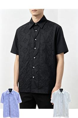 ルイヴィトン 花柄の透かし刺繍入り襟付き半袖シャツ