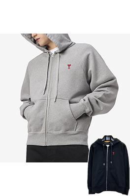 アミ 赤いハートの刺繍りフード付きドローストリングスウェットシャツジャケット