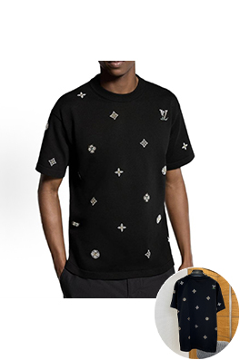 ルイヴィトンブランドコピー LV 花柄ラインストーン付きクルーネック半袖Tシャツ