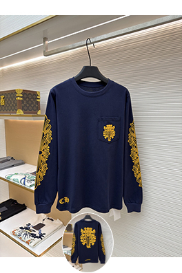 クロムハーツ 背中に黄色の蔓の剣の紺色の長袖シャツ