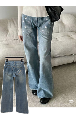 ルイヴィトンコピー レディースポケット付きレター柄スパンコールジャカードハイウエストフレアジーンズ