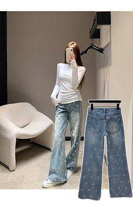 ルイヴィトン 文字レディーススパンコールジャカードハイウエストフレアジーンズ