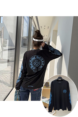 クロムハーツブランドスーパーコピー 青い馬蹄柄のクルーネック長袖シャツ