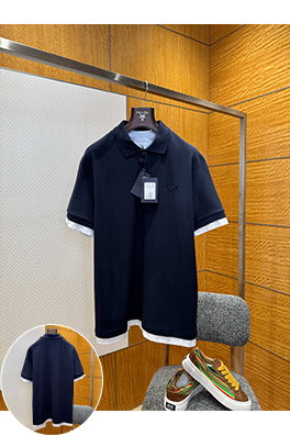 プラダコピー フェイクツーピースの三角形ロゴ入り半袖ポロシャツ