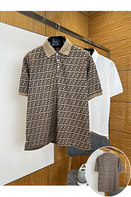 フェンディ ダブルFの総柄プリント入り半袖襟付きポロシャツ