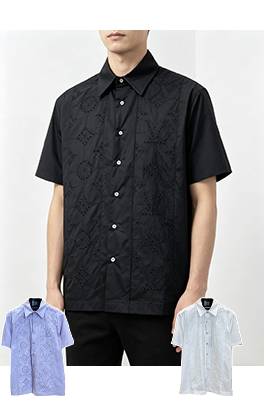 ルイヴィトン 花柄の透かし刺繍入り襟付き半袖シャツ