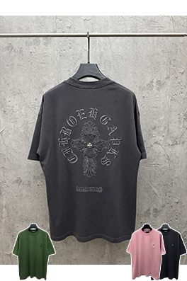 クロムハーツコピー アメリカンスタイルのウォッシュアップリケ刺繍入りカップル半袖Tシャツ