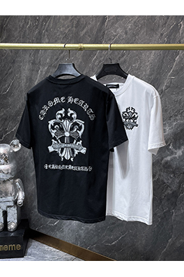 クロムハーツコピー サンスクリット語の剣とクロスの刺繍パッチワーク半袖Tシャツ