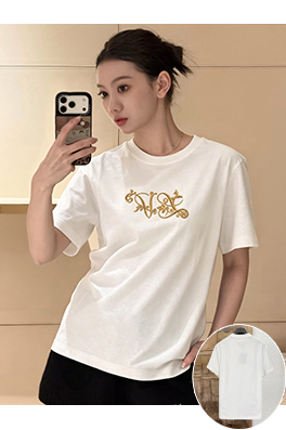 ルイヴィトン 金糸の花柄刺繍り半袖Tシャツ