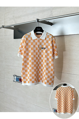 ルイヴィトンブランドスーパーコピー チェック柄のカラーブロック透かし編ポロカラー付きみ半袖シャツ