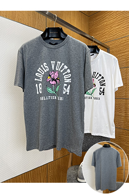 ルイヴィトンブランドコピー LOUIS VUITTON アイリスの花のロゴプリント入りクルーネック半袖Tシャツ