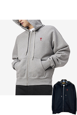 アミ 赤いハートの刺繍りフード付きドローストリングスウェットシャツジャケット