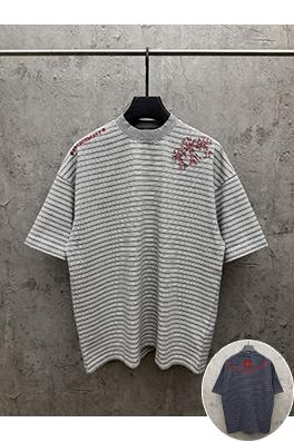 クロムハーツスーパーコピー アメリカンスタイルのストライプ柄アップリケ刺繍入りカップル半袖Tシャツ