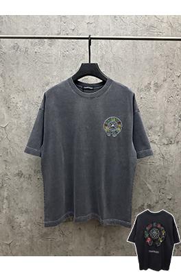 クロムハーツコピー アメリカンスタイルのウォッシュアップリケ刺繍入りカップル半袖Tシャツ