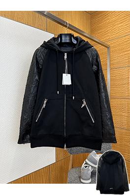 クロムハーツコピー クロスステッチのレザーパッチワークドローストリング付きフード付き高級レザージャケット