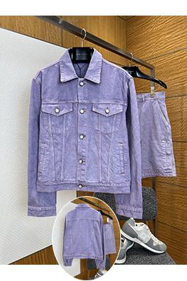 ルイヴィトンスーパーコピー ダークカラーの柄入りジャカードデニムジャケットとショートパンツのセット