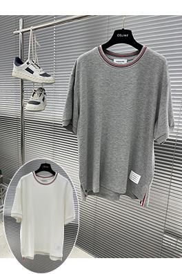トムブラウン 細かい波状のネックラインとウェビングがの半袖Tシャツ