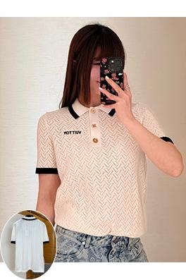 ルイヴィトン LOUIS VUITTON 透かし編みの半袖カラーブロックポロシャツ