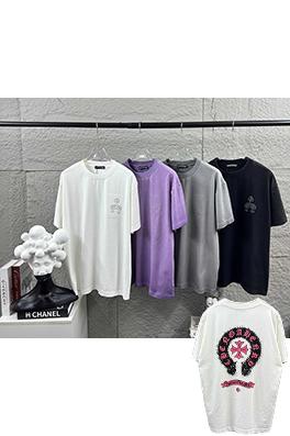 クロムハーツ クラシックなダメージヴィンテージ風の刺繍入り熱転写プリントの半袖Tシャツ
