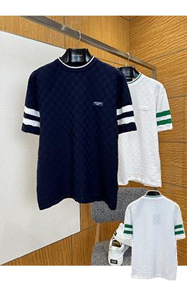 ルイヴィトンブランドコピー LOUIS VUITTON チェック柄ニットのクルーネック半袖Tシャツ