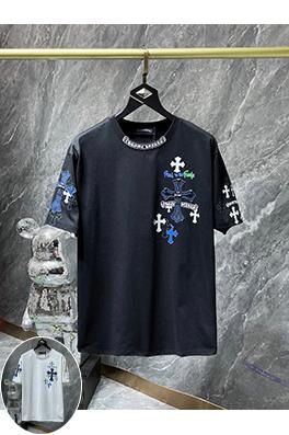 クロムハーツコピー クロスサンスクリットパッチワークレザーオーバーレイメタル半袖Tシャツ
