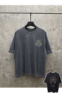 クロムハーツコピー アメリカンスタイルのウォッシュアップリケ刺繍入りカップル半袖Tシャツ
