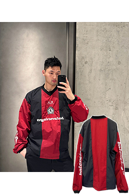 バレンシアガブランドスーパーコピー BALENCIAGA 赤とグレーのカラーブロックVネック長袖シャツ