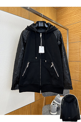 クロムハーツコピー クロスステッチのレザーパッチワークドローストリング付きフード付き高級レザージャケット
