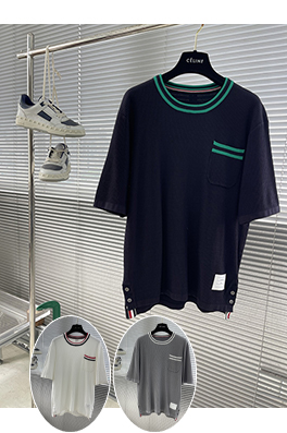 トムブラウンスーパーコピー メッシュジャカードストライプの襟付き半袖Tシャツ