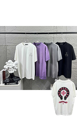 クロムハーツ クラシックなダメージヴィンテージ風の刺繍入り熱転写プリントの半袖Tシャツ