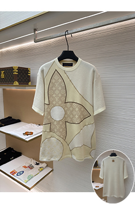 ルイヴィトン 文字と花柄のジャカード織りカラーブロックニット半袖Tシャツ