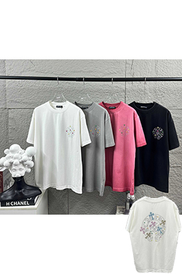 クロムハーツスーパーコピー クラシックなダメージヴィンテージスタイル3Dラインストーンパッチワークの半袖Tシャツ