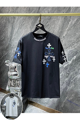 クロムハーツコピー クロスサンスクリットパッチワークレザーオーバーレイメタル半袖Tシャツ