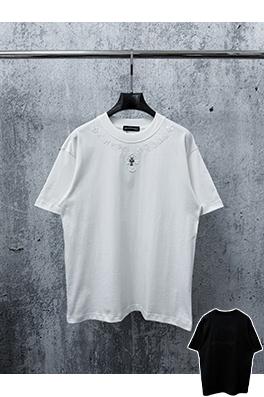 クロムハーツブランドコピー ネックラインに刺繍文字が入ったの半袖Tシャツ