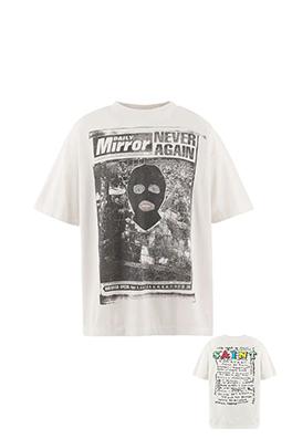 セントマイケルコピー NEVER AGAIN 新聞風マスク姿のポートレートコラージュプリント半袖Tシャツ