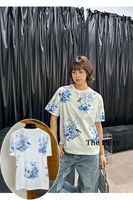 ディオール レディースクラシックなブルーとホワイト器風花鳥柄プリント半袖Tシャツ