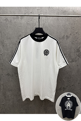 クロムハーツ 新作レザークロスステッチストライプ半袖Tシャツ