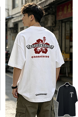 クロムハーツ 赤いハイビスカスの刺繍入り半袖Tシャツ