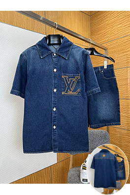 ルイヴィトン クラシックなLVロゴ刺繍入り半袖デニムシャツとショートパンツのセット