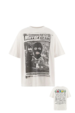 セントマイケルコピー NEVER AGAIN 新聞風マスク姿のポートレートコラージュプリント半袖Tシャツ