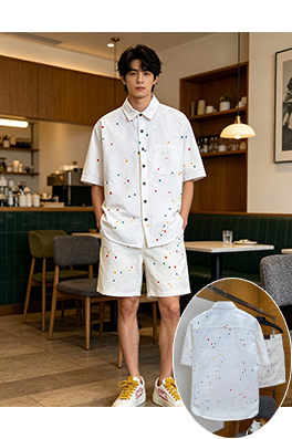 グッチコピー インクが飛び散ったジャカード織りの半袖シャツとショートパンツのセット
