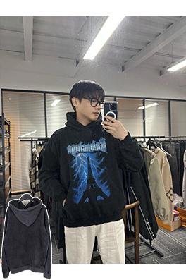 バレンシアガ BALENCIAGA エッフェル塔ロゴ入りブルーライトニングプリントウォッシュダメージ工フード付きスウェットシャツ