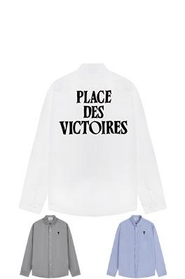 アミ 無地の純綿オックスフォード長袖シャツ