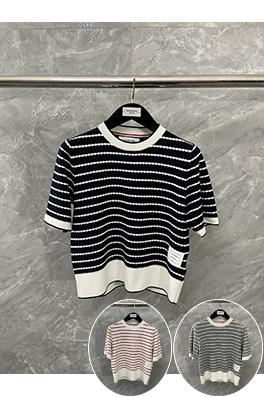 トムブラウン 綿100％のコーマ綿ストライプ柄ハニカムニット半袖Tシャツ