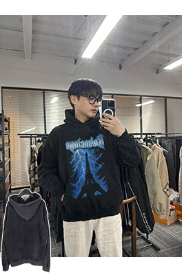 バレンシアガ BALENCIAGA エッフェル塔ロゴ入りブルーライトニングプリントウォッシュダメージ工フード付きスウェットシャツ