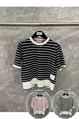 トムブラウン 綿100％のコーマ綿ストライプ柄ハニカムニット半袖Tシャツ