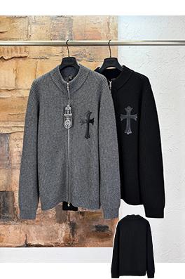 クロムハーツ クロスステッチのレザーカシミヤ混ジップアップニットカーディガン