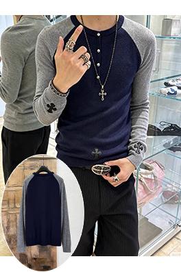クロムハーツカシミヤ混ニットセータースーパーコピー ヘンリーカラーのクロスレザーカシミヤ混ニットセーター