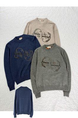 エルメスコピー クラシックな錨のパッチワークレザー刺繍クルーネックセーター